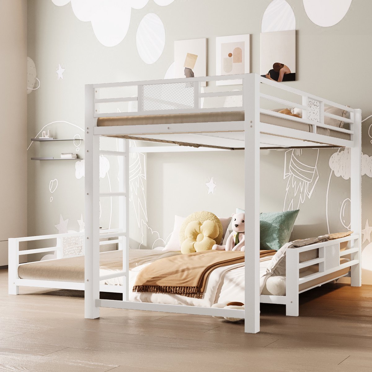 Wishdor Stapelbed - L-Vorm - 90x200 boven en 140x200 onder - Metalen Frame - Wit - Fris en Ruimtebesparend