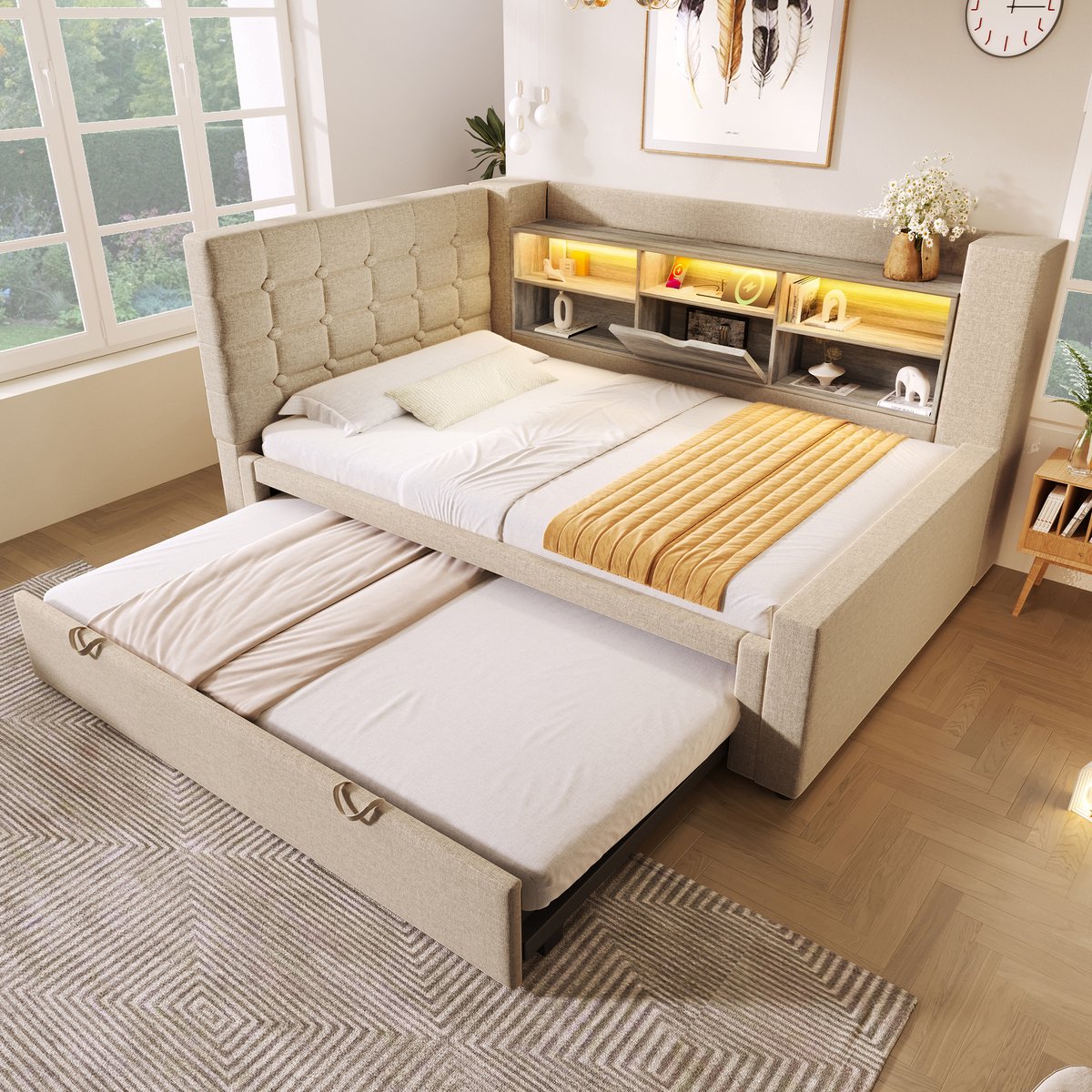 Wishdor Gestoffeerd bed 90/180x200 cm - Uitschuifbed, led & USB-C - L-vormig hoofdbord - Linnen - Beige - Maximale flexibiliteit voor jouw kamer