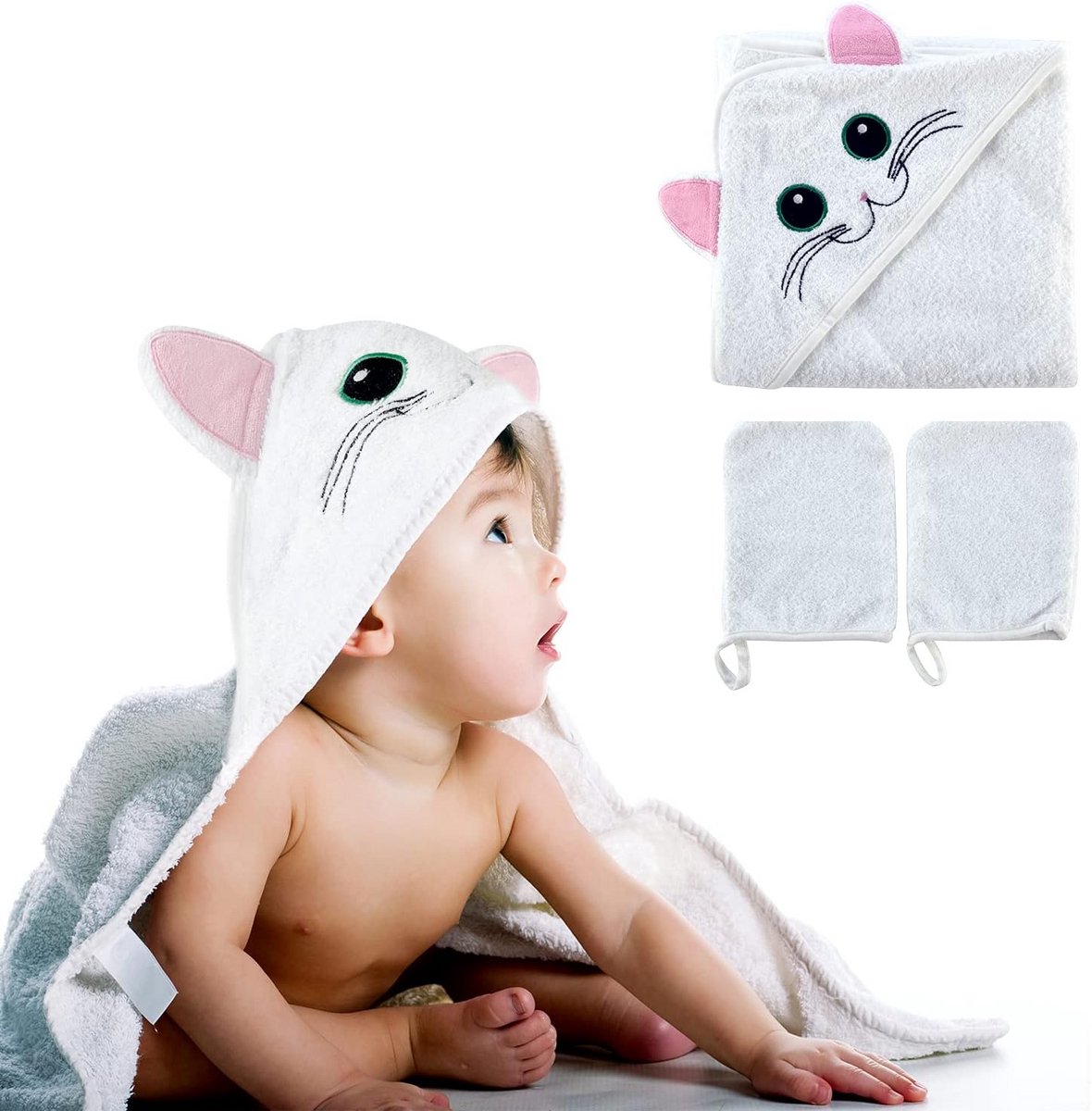 Knuffelzachte babyhanddoek met capuchon (75 x 75 cm) incl. 2 washandjes