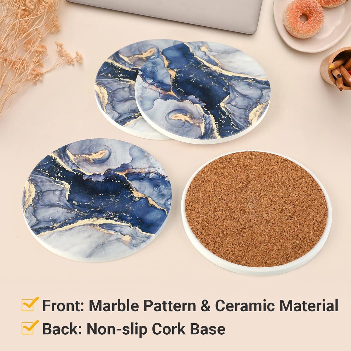 Set van 6 Absorberende Keramische Onderzetters met Stand - Blauw Marmer Motief