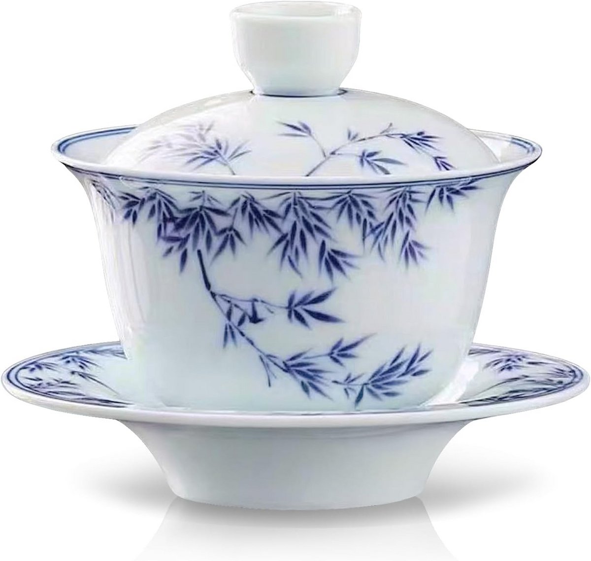Traditionele Chinese Gaiwan Set met Bamboeblad Porselein - Blauw en Wit - 180 ml