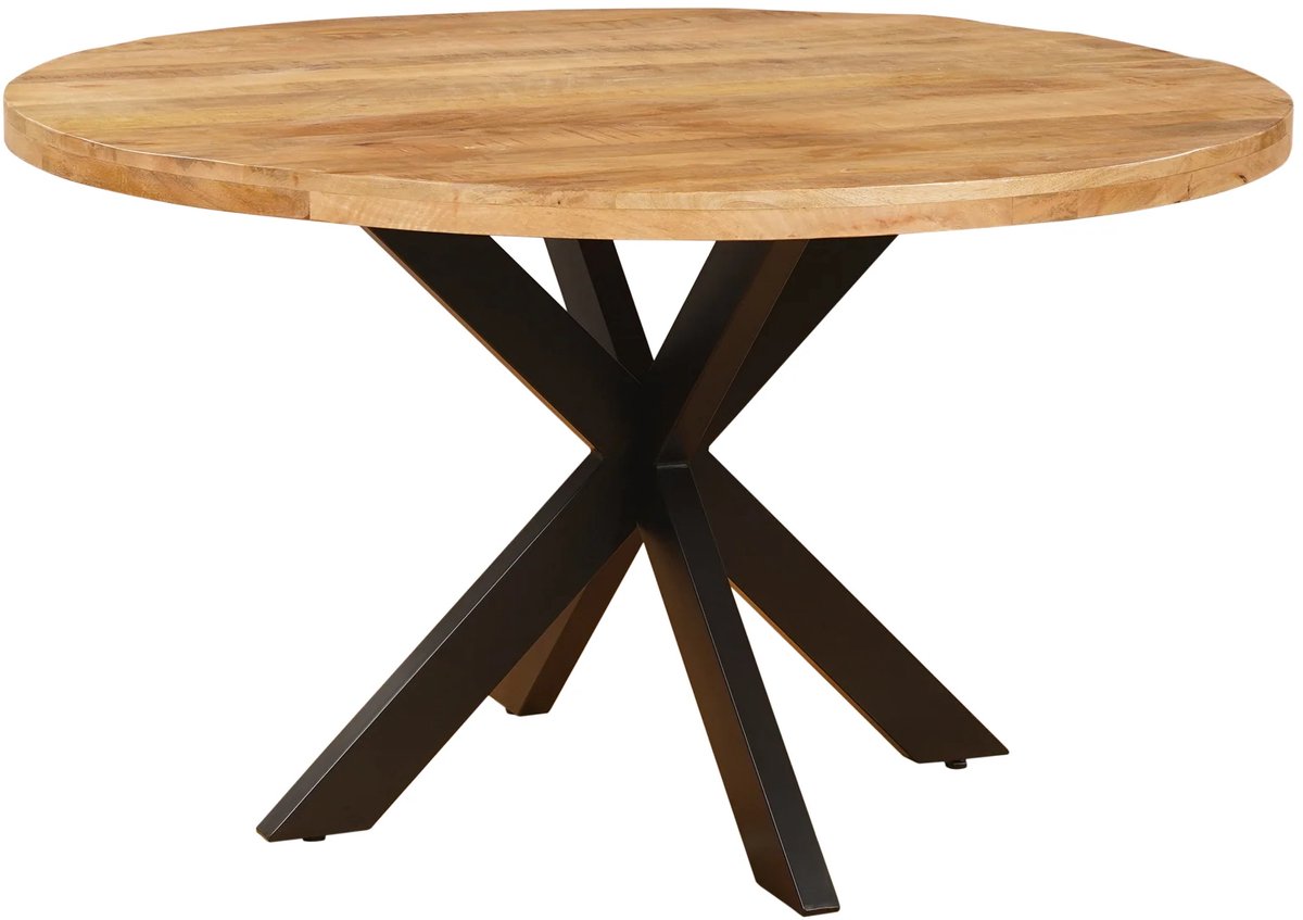Sfeerwonen Enzo - Eettafel Rond - 150 cm - Mangohout Naturel - Rechte Rand Afwerking 5 cm - Stalen Matrix Onderstel