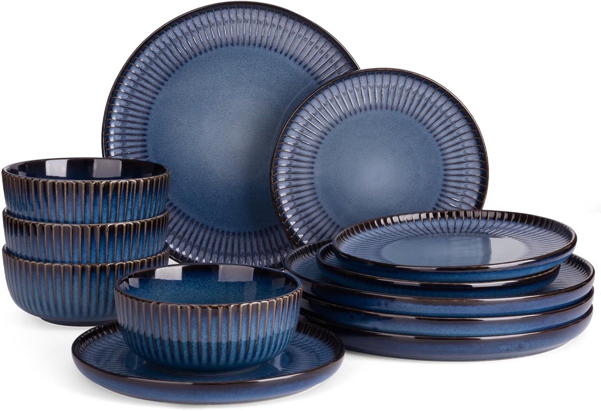 12-delig geribbeld servies voor 4 personen, anti-kras en magnetronbestendig, blauw