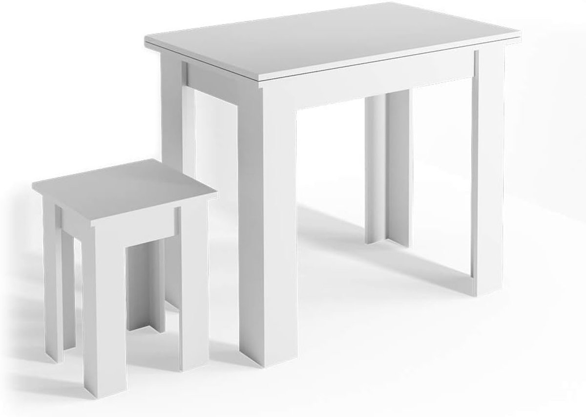 Eettafel met kruk - Keukentafel set - Compact wonen - Uitschuifbaar tafelblad - 90 x 60 cm - Wit