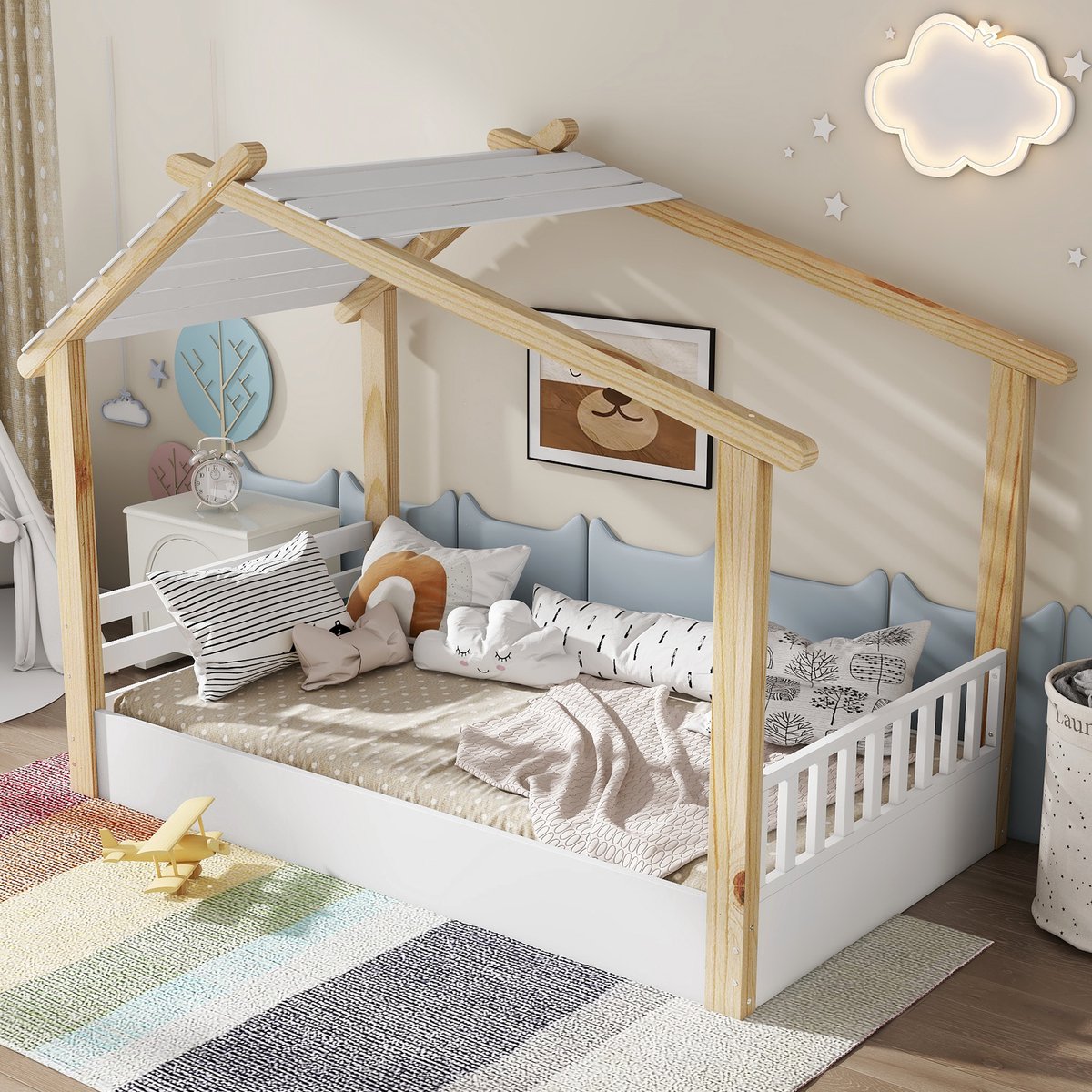 STILVORA Kinderbed 90x200 cm – Huisvormig Eenpersoonsbed Met Stevige Lattenbodem – Zonder Matras – Massief Hout En MDF – Wit En Naturel Natuurlijk