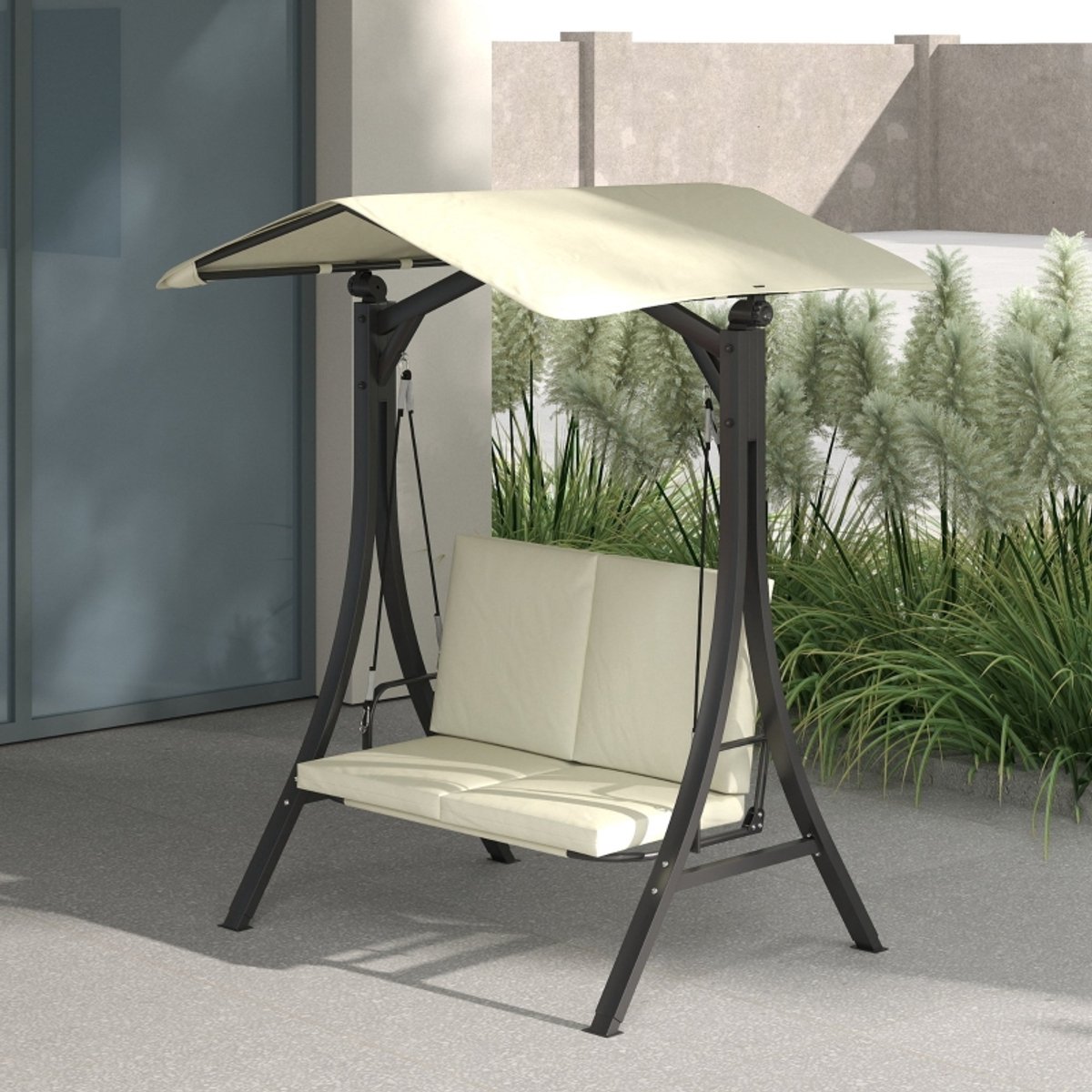 Wishdor - Tuinschommel Voor 2 Personen - Verstelbaar Zonnescherm Met UV-Bescherming - Met Zitkussens En Beschermhoes - Polyester - Crèmewit - 150 X 120 X 182 Cm