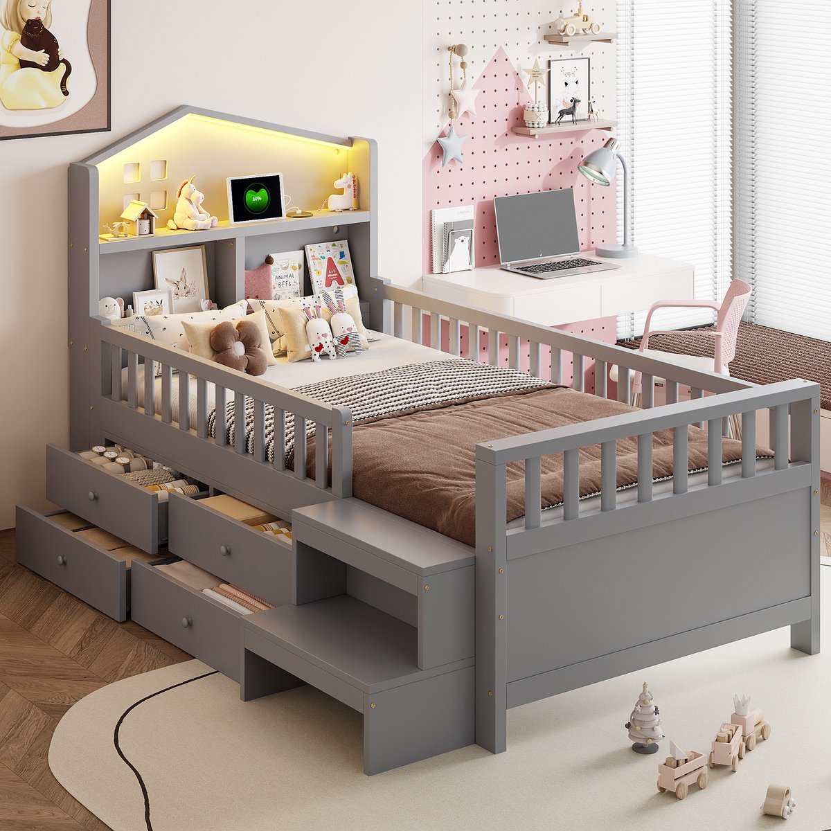 MIVRAY Kinderbed 90x200 cm - Met Veiligheidshek, Vier Opberglades En Zijtrap - Met Ledverlichting En Laadpoorten - Massief Hout - Grijs