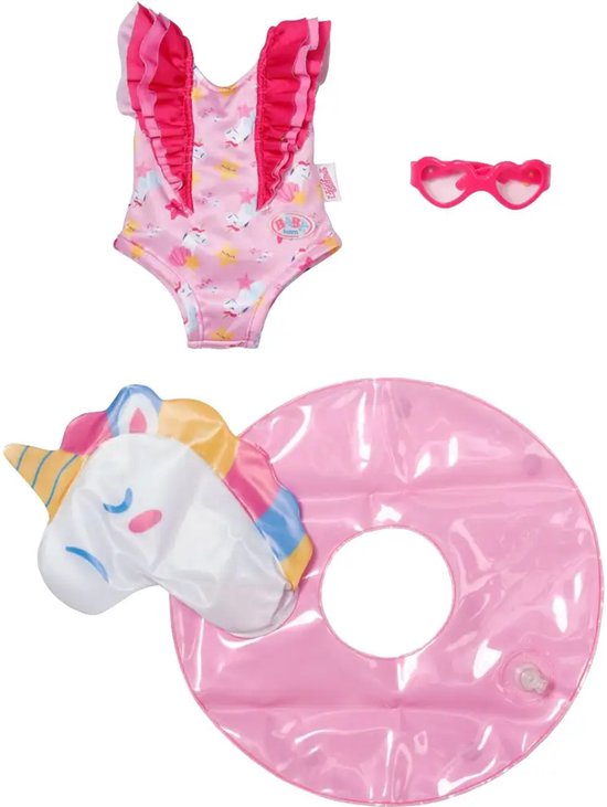 Baby born zwemkleding, hartjes zonnebril en een roze glitter zwemband in eenhoornvorm.