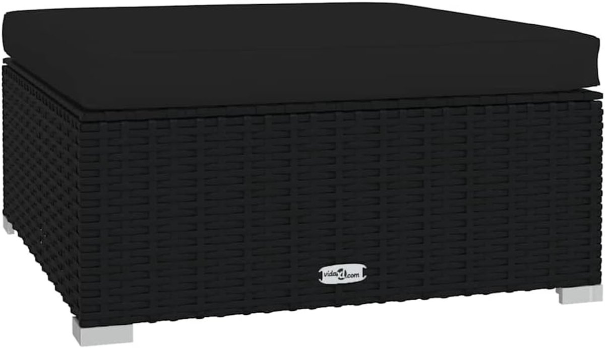 Voetsteun met Kussen 70x70x30 cm Poly Rattan Zwart - Tuin Ottoman, Hocker, Pouf