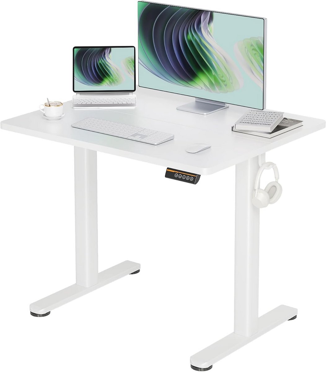 Claiks Elektrisch in hoogte verstelbaar sta-bureau, 35x20 inch zit-sta bureau voor thuiskantoor, wit bovenkant/wit frame