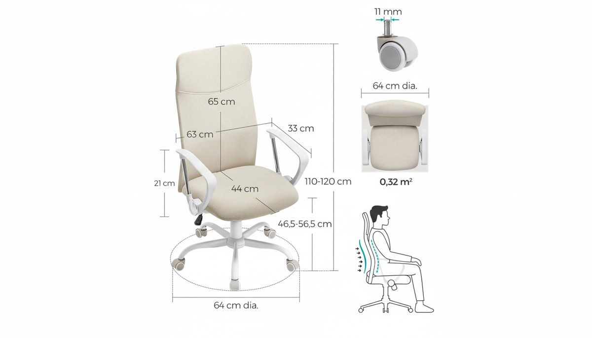 Bureaustoel Casa Velluto ComfortPro Ergonomische Draaistoel - In Hoogte Verstelbaar, Kantelbaar, Gevoerde Zitting, Volledige Rugleuning, Belastbaar tot 120 kg - Cappuccino Beige