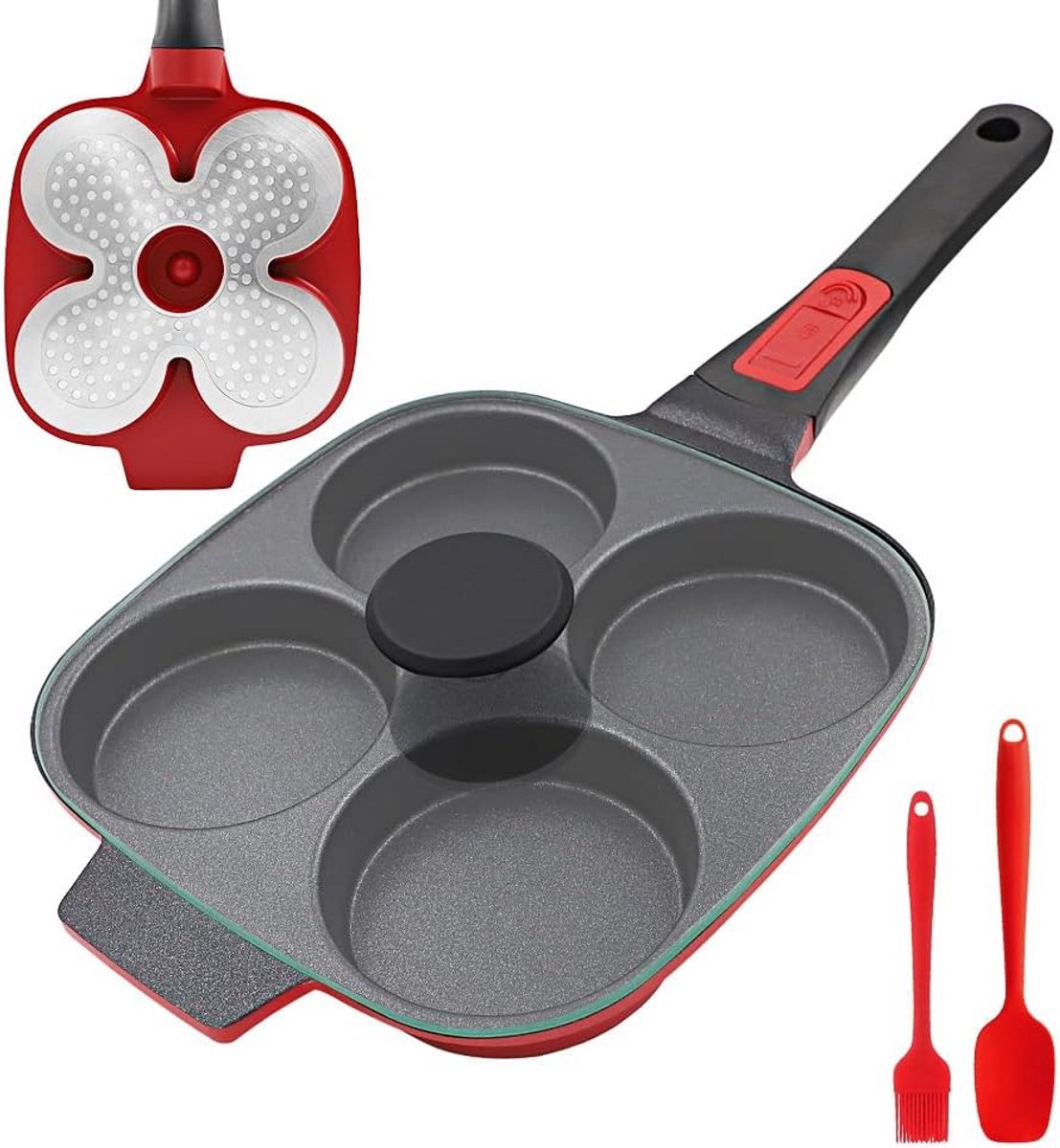 Inductie Omeletpan met Afneembaar Handvat en Deksel - 4-Gats Anti-aanbak Pannenkoekenpan