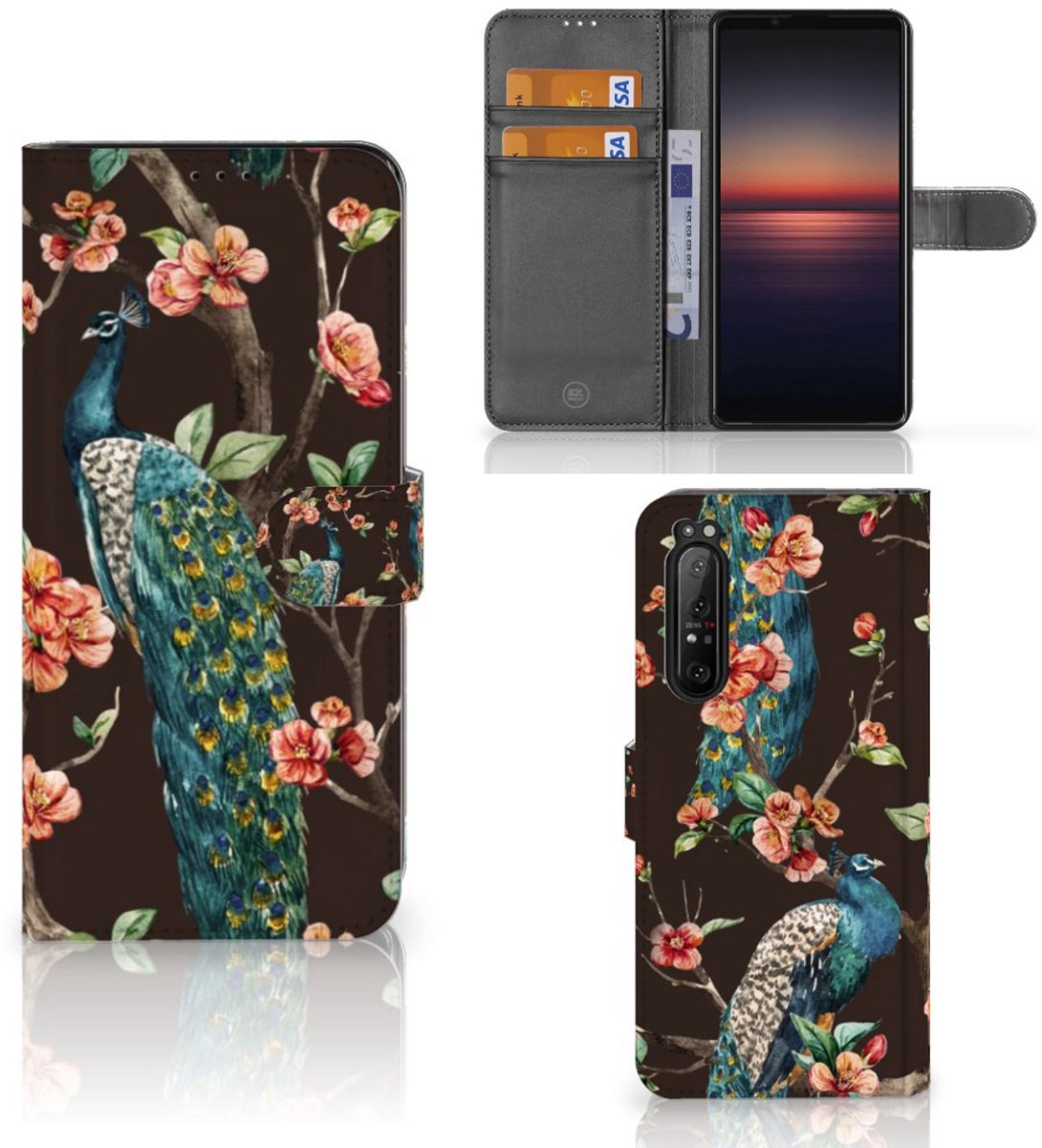 Sony Xperia 1 II Telefoonhoesje met Pasjes Pauw met Bloemen