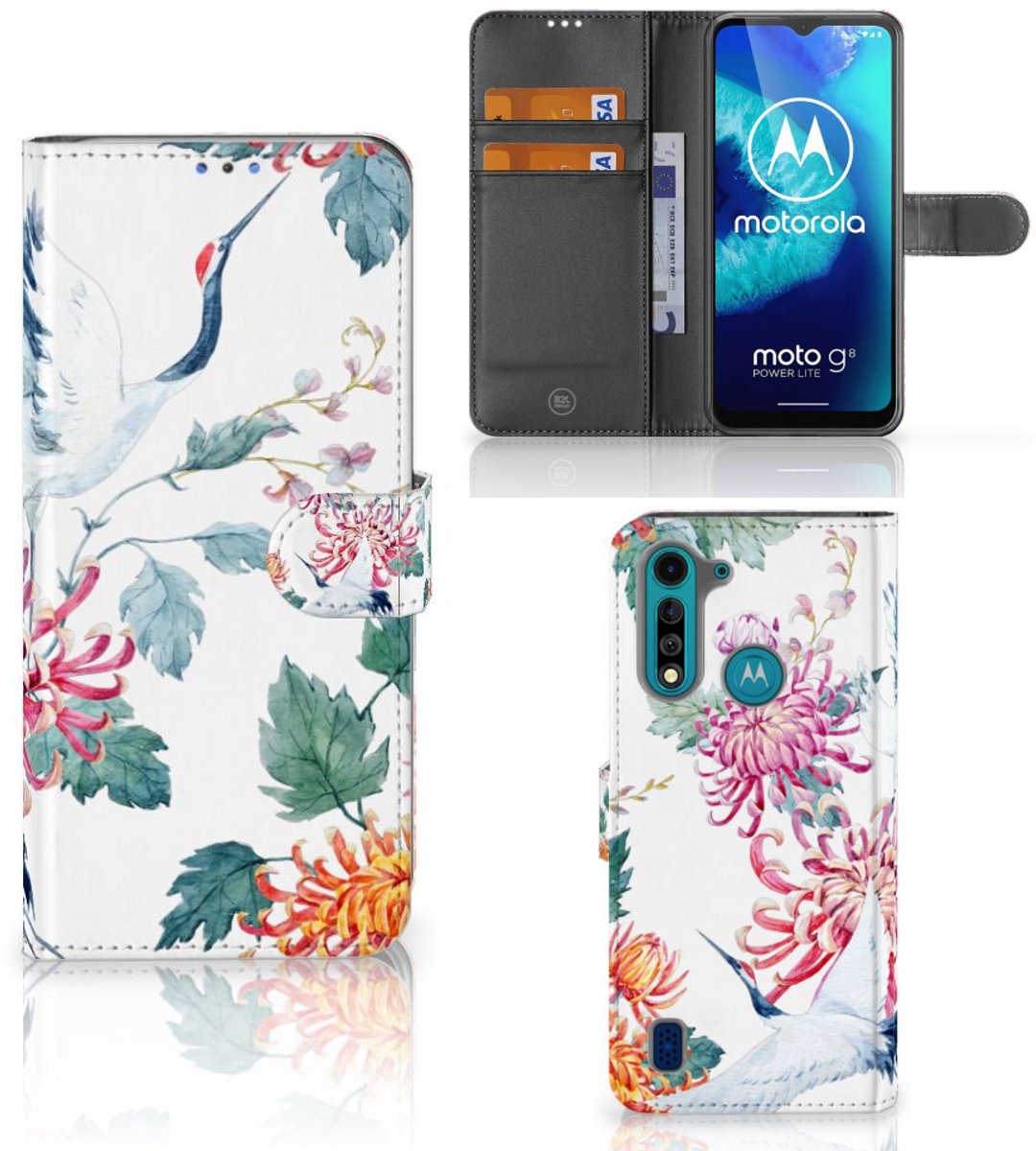 Motorola G8 Power Lite Telefoonhoesje met Pasjes Bird Flowers