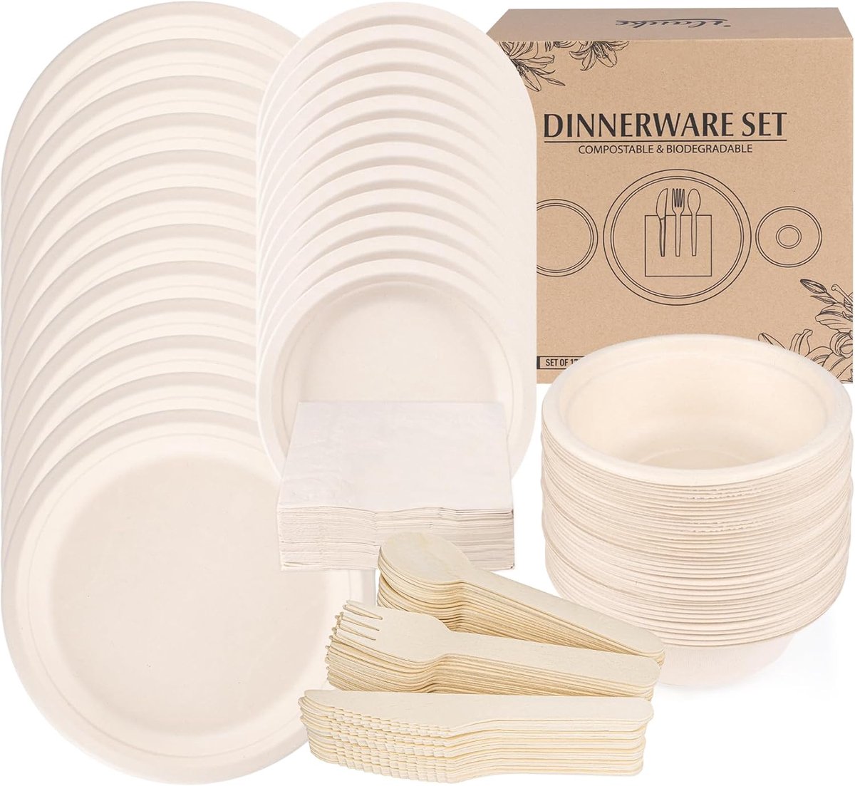 Composteerbare Wegwerpservies Set - 170 Stuks Kartonnen Borden, Bestek en Servetten