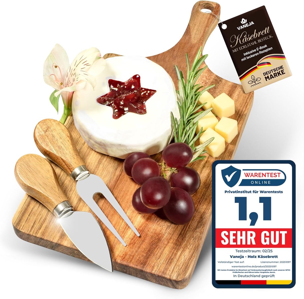 Premium kaasplank van acaciahout met 2 kaasmessen en gratis e-book