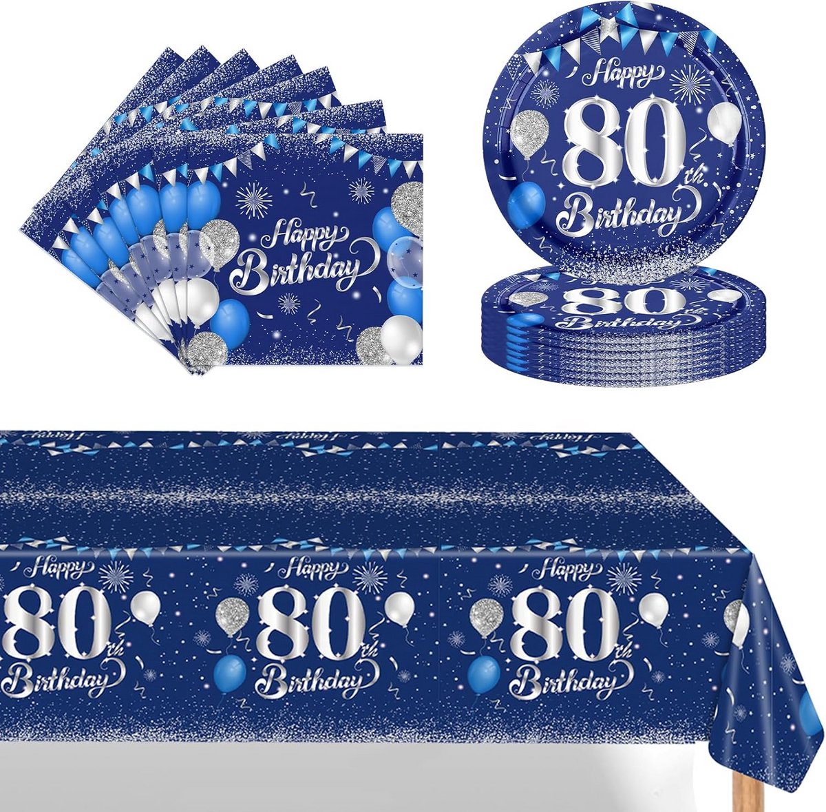37 Stuks Marineblauw Zilver Servies Set voor 80e Verjaardag
