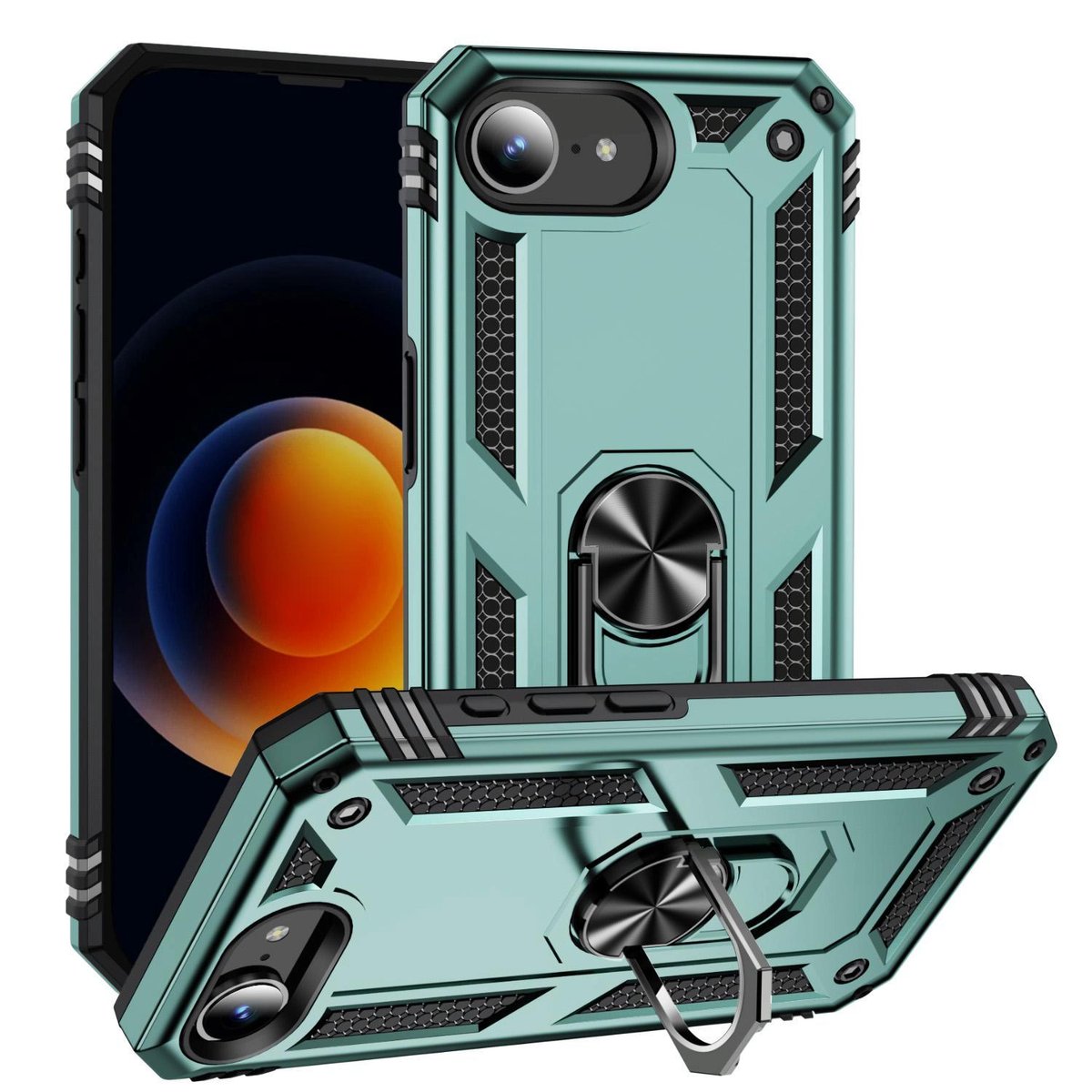 Mobigear Hoesje geschikt voor Apple iPhone 17e Telefoonhoesje Hardcase | Mobigear Armor Ring Backcover Shockproof met Ringhouder | Schokbestendig iPhone 17e Telefoonhoesje | Anti Shock Proof - Groen