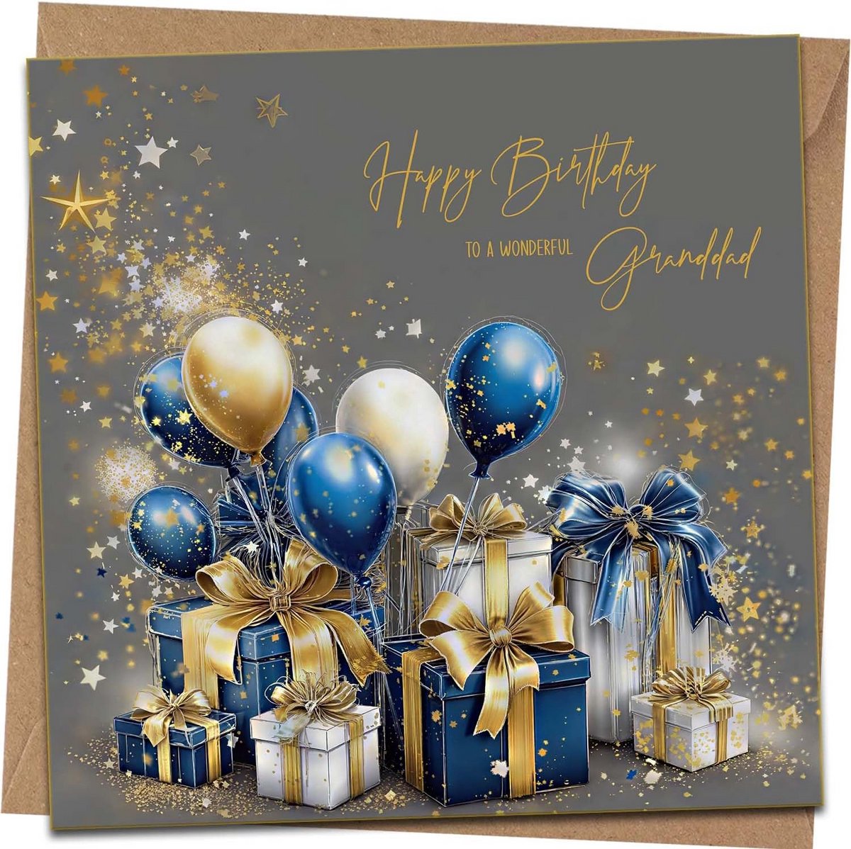 Verjaardagskaart voor Moeder - Goud Wit Blauw met Cadeau en Ballon Design