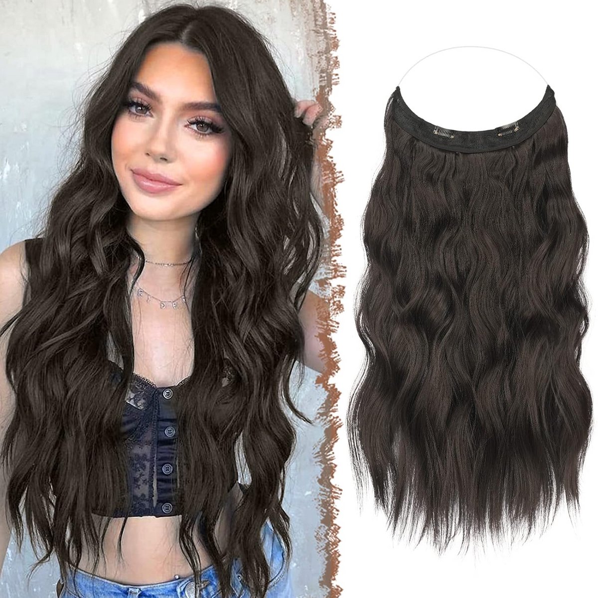 Onzichtbare Haarverlenging Synthetisch Met Draad 50 cm Krullend Licht Golvend