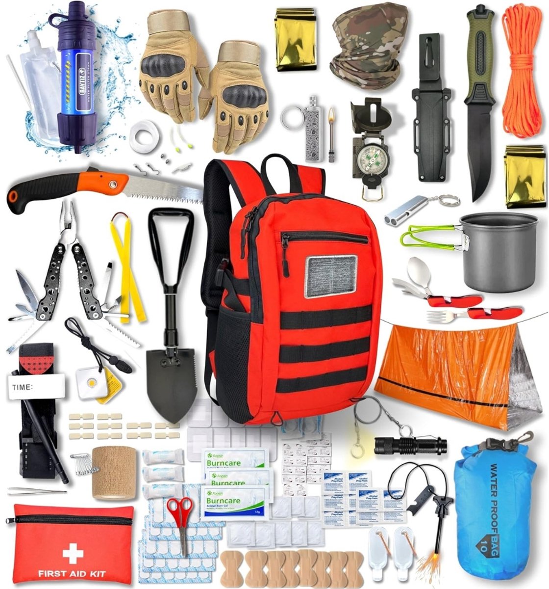 Compleet Noodpakket XXL - noodtas voor wandelen + survivaldeken + vuuraansteker - survivaltas uitrusting camping apotheek complete uitrusting materiaal steen accessoires