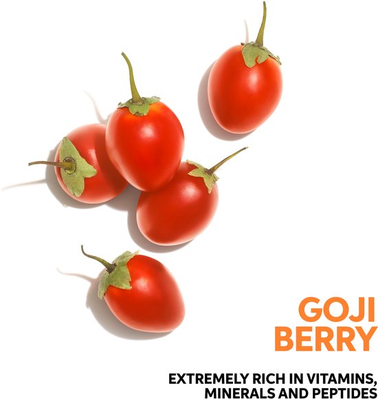 Cinq baies de goji rouges avec des tiges vertes sur fond blanc. "GOJI BERRY" et "EXTREMELY RICH IN VITAMINS, MINERALS AND PEPTIDES".