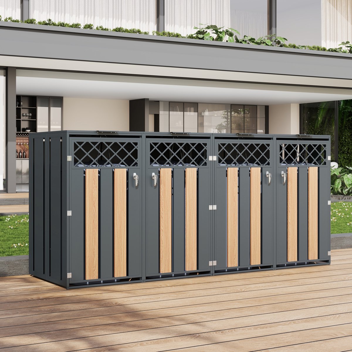 OKWISH Afvalcontainer Ombouw - 4 Vakken Met Hydraulische Klapdeksel - Afsluitbaar - Buiten Opbergen - Staal Grijs Houtlook