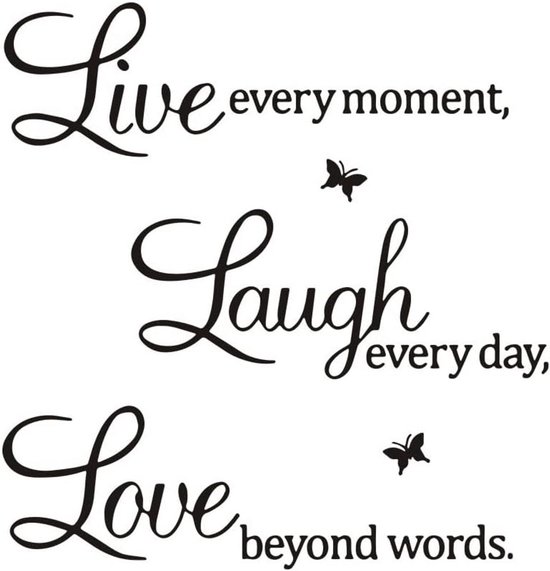 Décoration murale texte : 'Live every moment, Laugh every day, Love beyond words'. Noir, avec papillons.