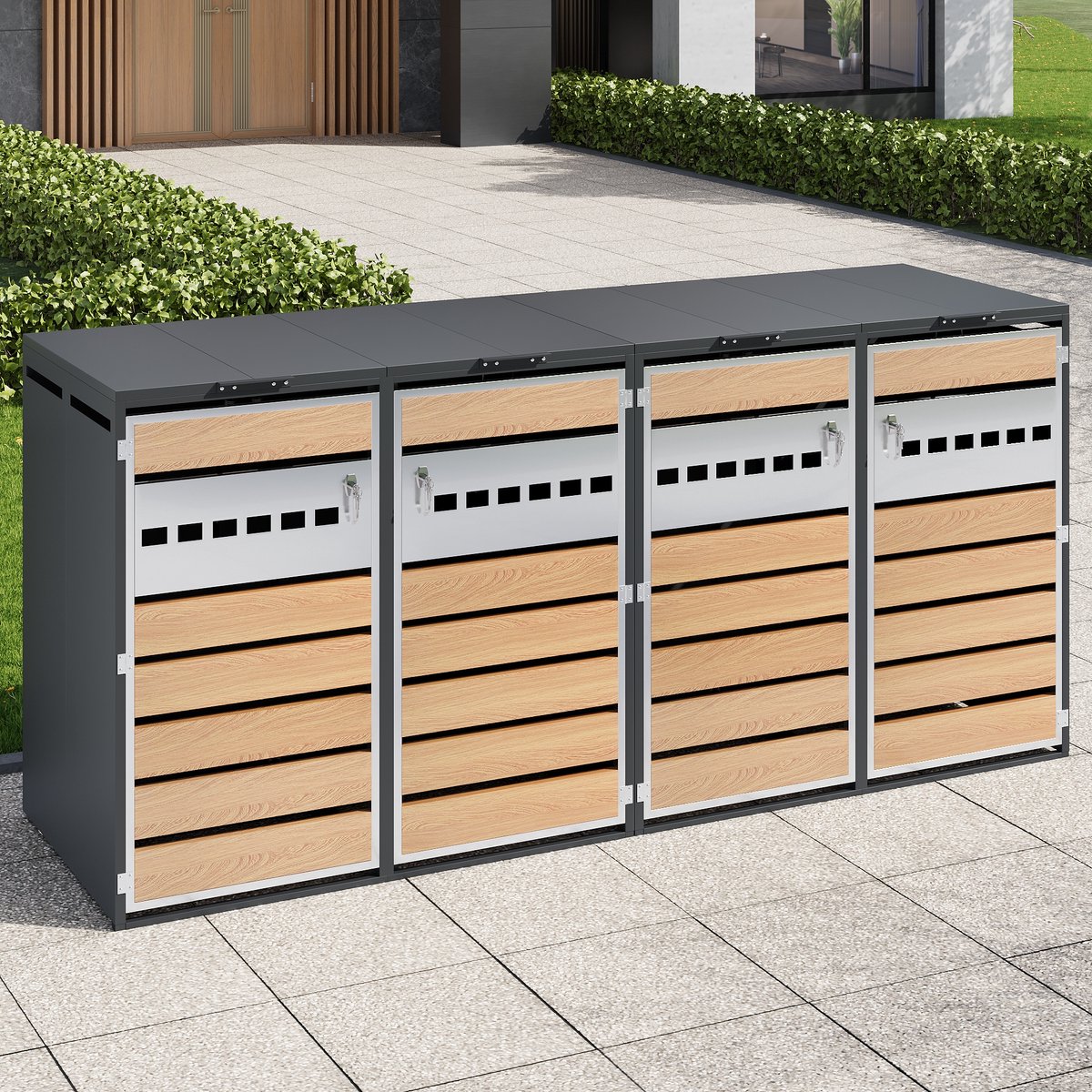 HAUSS SPOLE Afvalcontainer Ombouw - 4 Vakken Met Hydraulische Klapdeksel En Ventilatieroosters - Voor Tuin En Oprit - Staal Houtlook Grijs