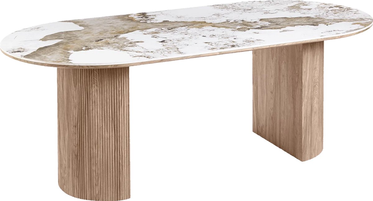 Artichok Ronda Houten Eettafel Met Keramiek Blad - Bruin - Wit - Gemarmerd - 6 tot 8 personen - 210 x 100 cm