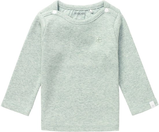 Lichtgroene, ribgebreide longsleeve met drukknoopjes bij de hals.