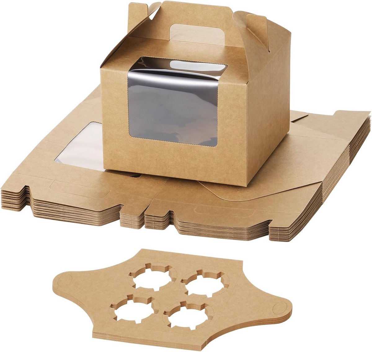 25 Stuks Kartonnen Cupcake Doosjes met Handvat voor 4 Stuks