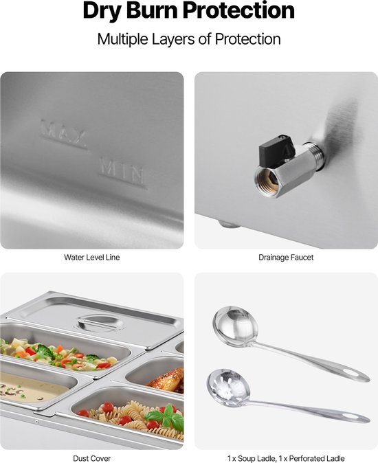 Elektrische Bain-Marie Voedselverwarmer - Chafing Dish Set - 6 x GN 1/3 Bakken - 1,5 kW - Met Deksel en Soeplepel - Voor Buffet, Catering en Feesten - RVS — afbeelding 3