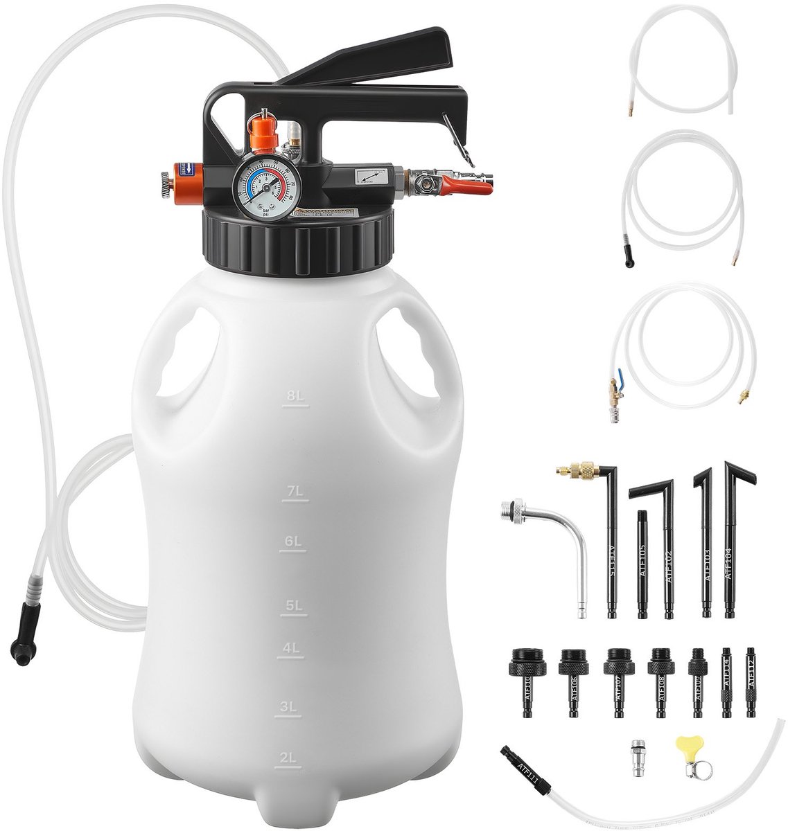 Tandwieloliepomp - Pneumatisch ATF/Versnellingsbak Olievulapparaat - Capaciteit 8 L - HDPE-tank - Inclusief 15 ATF-adapters - Voor auto's en boten - Afzuigen en vullen