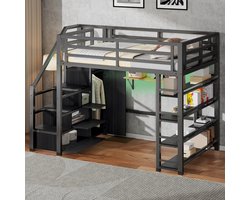 MODFU Hoogslaper 140x200 cm – met opbergtrap, kledingkast & 4-laags boekenrek – Alles-in-één bed met app-gestuurde LED-verlichting – Voor tiener, student & volwassene – Metaal & MDF – Zwart