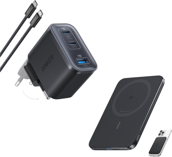 Anker 100W USB-C Lader Met GaN-technologie, 3 Poorten, Slim Display En Touchbediening - Incl. USB-C Kabel