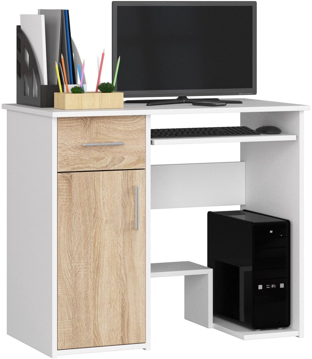 Bureau JAY met 1 Lade / Computerbureau / Computer Tafel / Bureautafel / Wit - Sonoma Eik / 90 x 74 x 50 cm