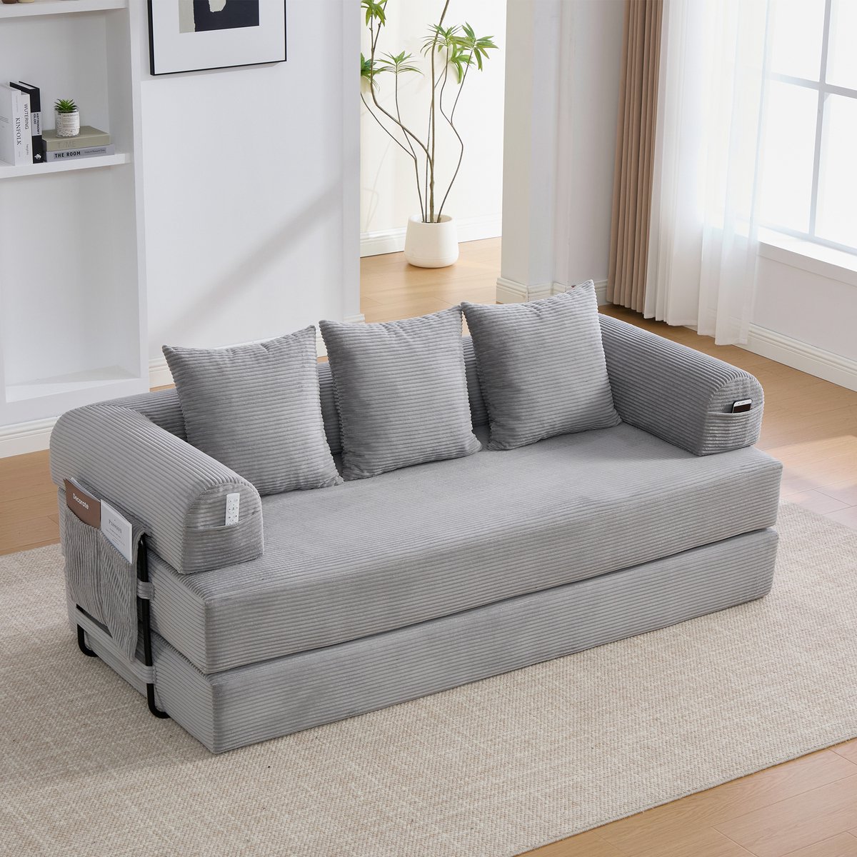 3-Zits Bank Opvouwbare Compressiebank met Stevig Metalen Frame, Zijvakken en 3 Kussens. Individuele Loungelandschappen Kunnen vrij Worden Vormgegeven. Moderne Metaal-Stofcombinatie - Ideaal voor in de Woonkamer. Lichtgrijs