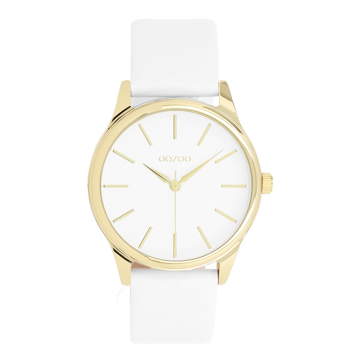 OOZOO Timepieces - Goudkleurige OOZOO horloge met witte leren band - C11675