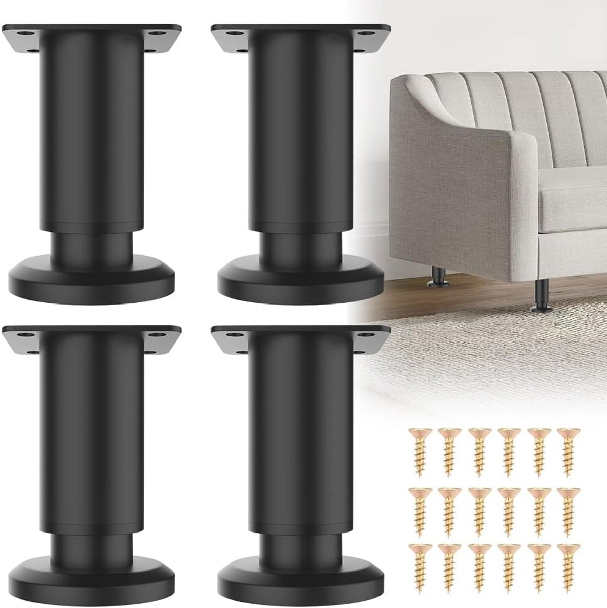 In Hoogte Verstelbare Meubelpoten Zwart Metaal Set van 4, 8 till 12 cm