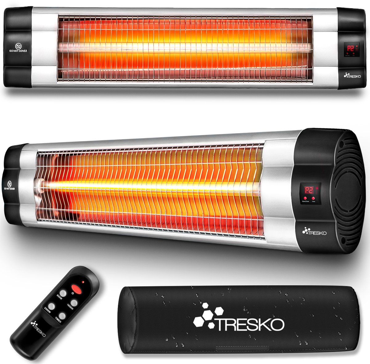 Tresko infrarood warmtestraler, 2500 W, met afstandsbediening, elektrisch, voor op het terras, met 3 warmtestanden, terrasstraler, voor binnen en buiten, wand-infraroodstraler met led-display, kwartsstraler voor de luiertafel