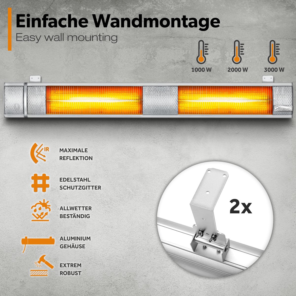 TRESKO infrarood verwarming, 3000 W, met afstandsbediening, elektrisch, voor op het terras, met 3 warmtestanden, terrasverwarming voor binnen en buiten, infrarode wandverwarming, verwarming voor de – foto 6