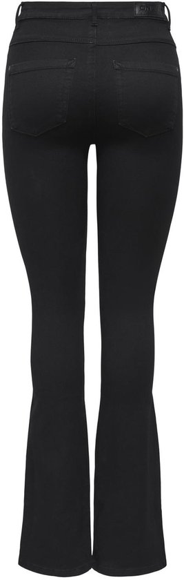 Zwarte flared jeans met hoge taille, van achteren gezien.