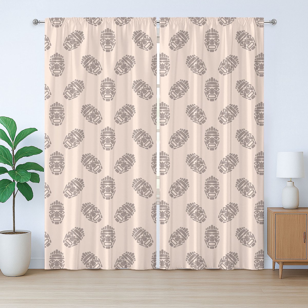 ABAKUHAUS Luau Rustiek Gordijn, Hawaiiaans Tiki Masker Patroon, met Bandjes voor de Woonkamer, Lussen en Haken, 280 x 245 cm, Warm Taupe Champagne