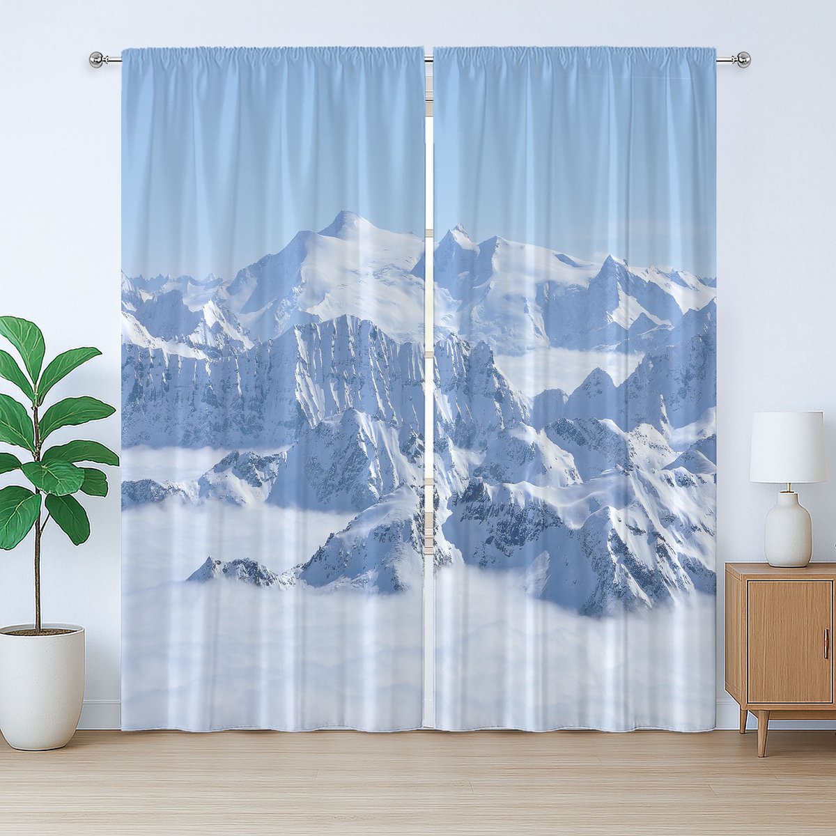 ABAKUHAUS Rustiek wintergordijn, Alpine White Wilderness, slaapkamergordijn met plooien, lussen en haken, 280 x 245 cm, witblauw