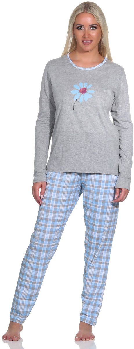 Normann Damespyjama met lange mouwen, pyjama met ruitjesmotief - 112 201 10 733 hellblau