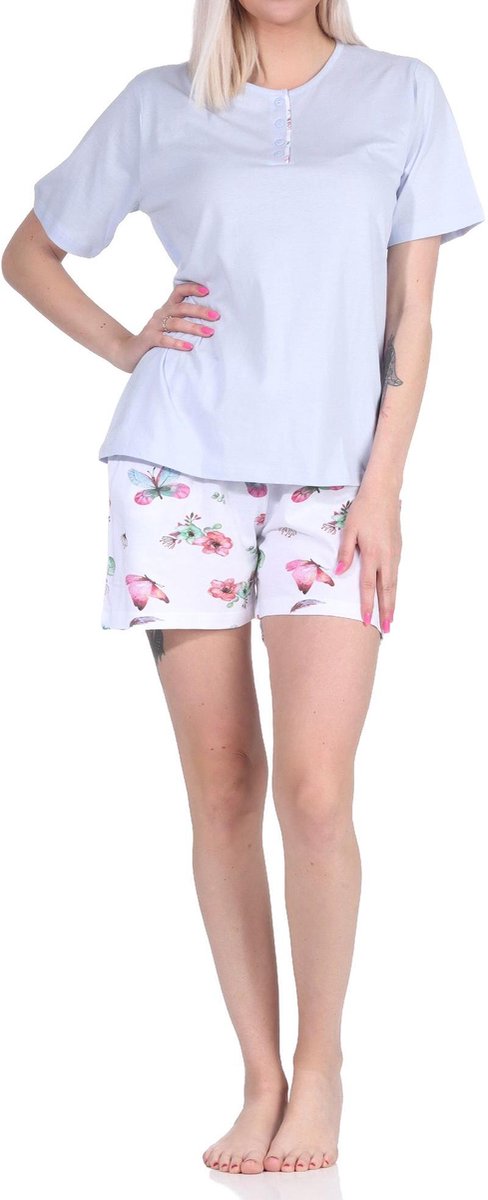 Normann Dames shorty pyjama met korte mouwen en korte broek in bloemen vlinderprint hellblau