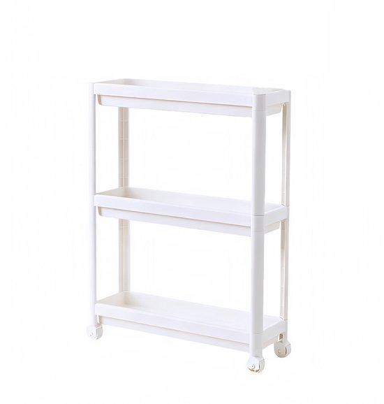 Conteneur roulant blanc et étroit à trois niveaux avec roulettes.