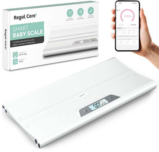 Regal Care® Babyweegschaal – Baby Weegschaal Digitaal – 5g Nauwkeurig – Bluetooth App – Auto Hold – Meetlint – USB-C Oplaadbaar – Opberghoes