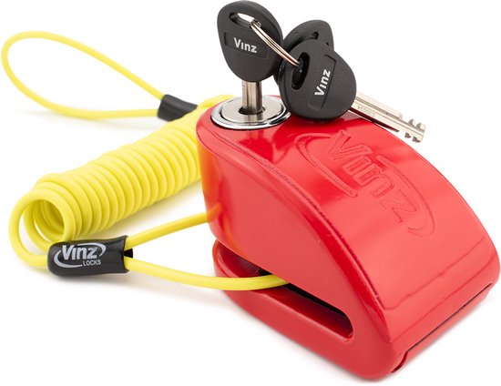 VINZ Pico Schijfremslot ART 4 Gekeurd met Alarm | Inclusief Tasje & Reminderkabel | Automatisch geactiveerd Alarm | Motorslot Remschijfslot ART 4 goedgekeurd voor de Verzekering | Rood